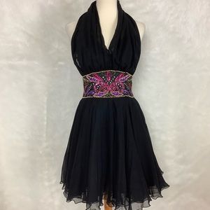Vintage 80s Alyce Designs Silk Chiffon Black Halter Beaded Sequin Mini Dress 8